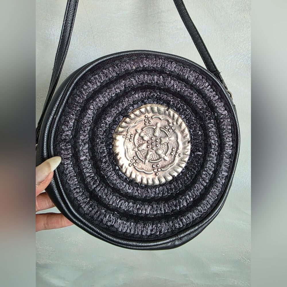 Free People Round Boho Hippie Black Woven large silver Medallion Plate Bag 8' - Picture 5 of 10